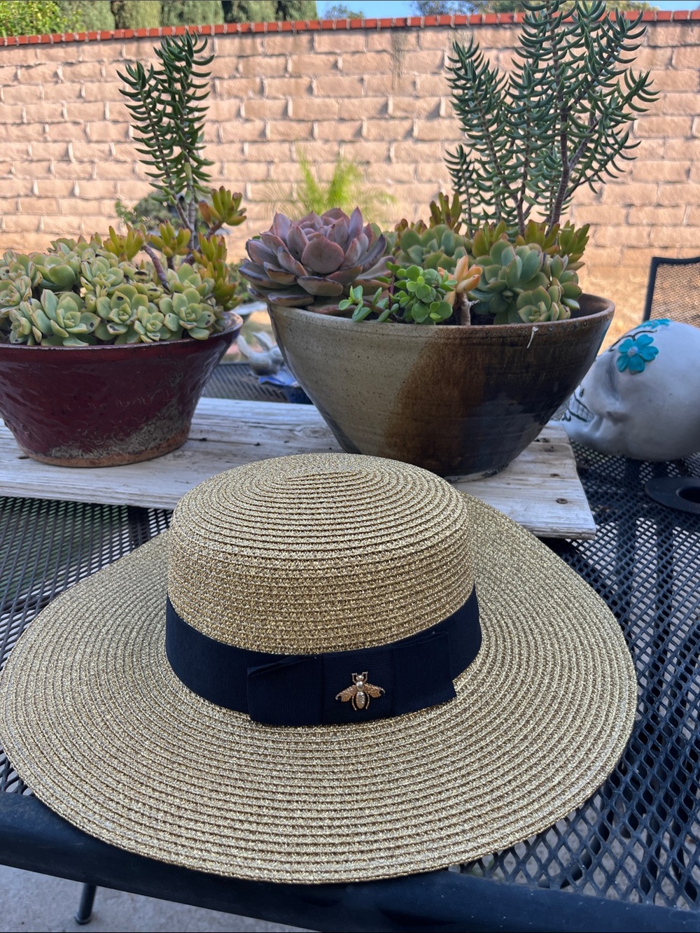 Wide Brim Straw Sun Hat with Black Band and Bee Pin